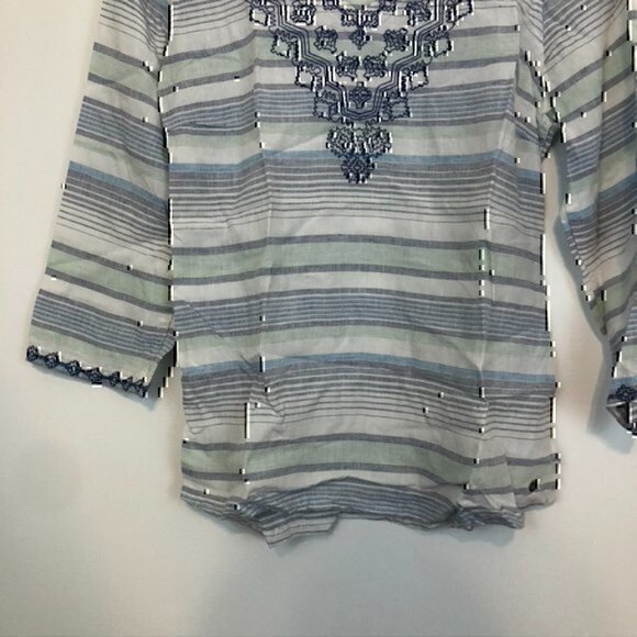 EDDIE BAUER Vista Point Embroidered Tunic White Navy Blue Striped 3/4 Sleeve S - Picture 4 of 9